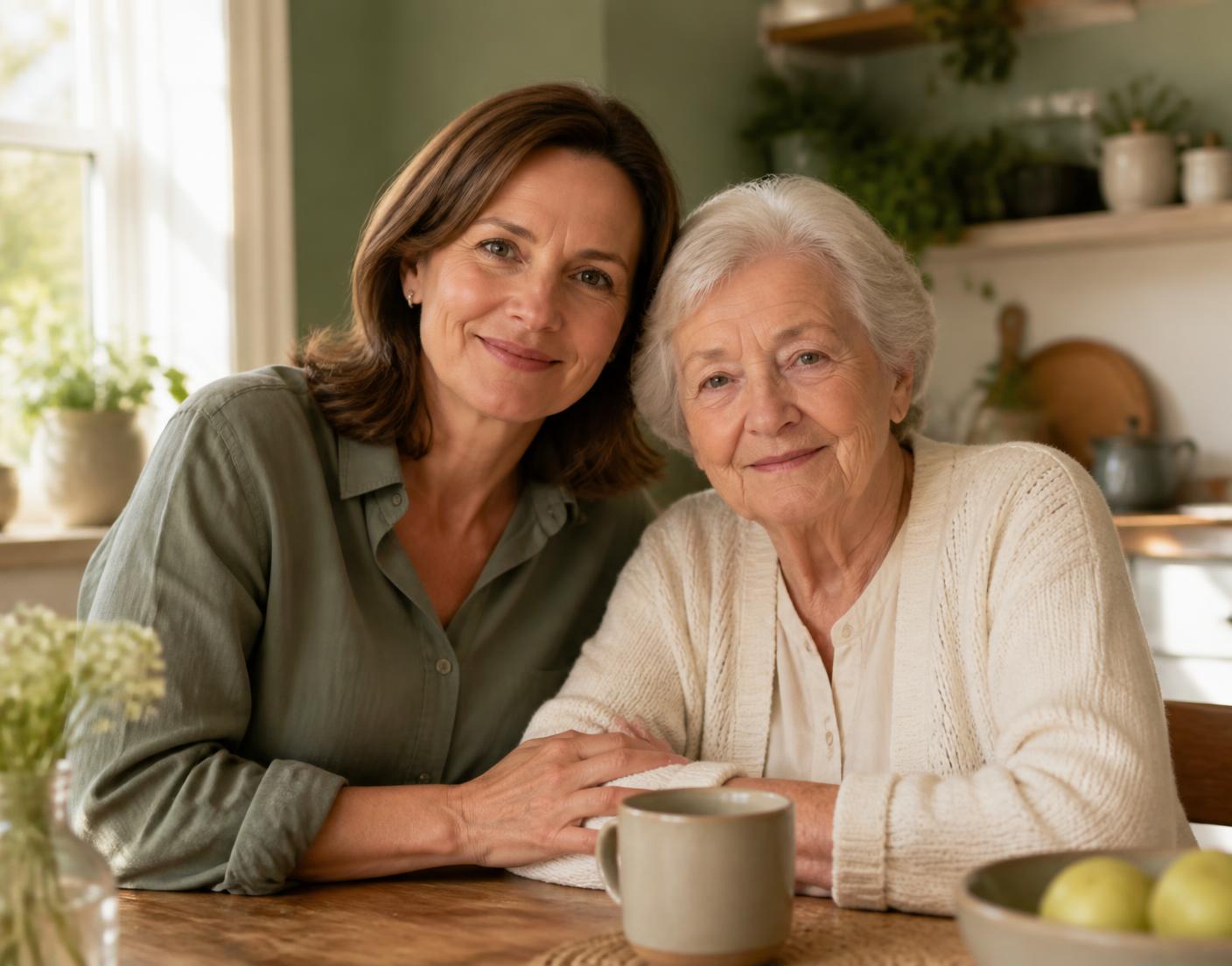 An adult daughter sitting at a sunlit kitchen table with her elderly mother